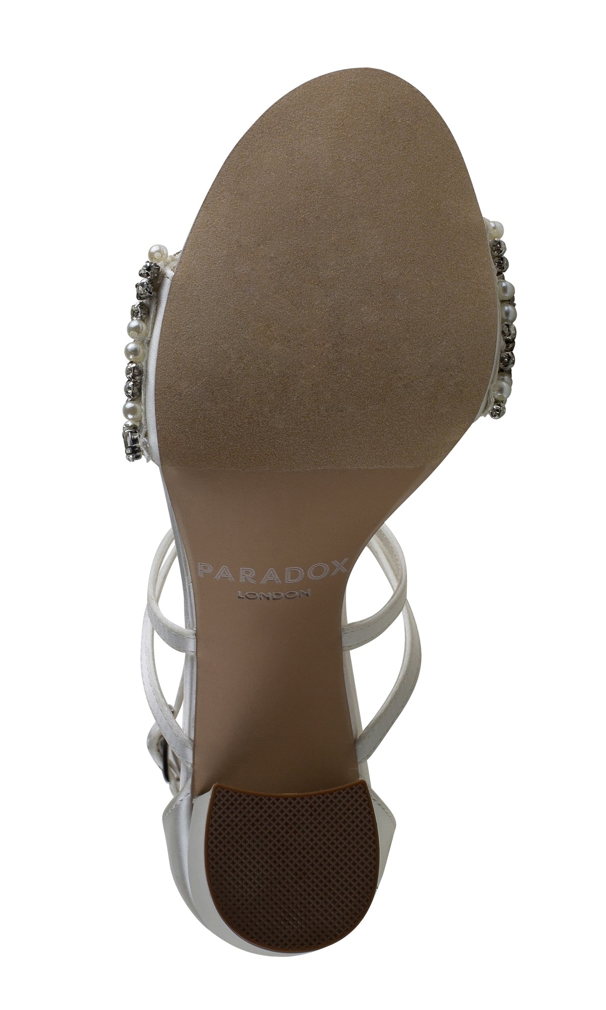 Bottom view of Hira Ivory Satin Prom Shoes by Paradox London, featuring